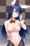  1girl adjusting_glasses animal_ears arm_behind_back black_legwear blue_eyes blue_hair bow breasts bunnysuit checkered checkered_background cleavage copyright_request detached_collar glasses gloves hayama_eishi long_hair rabbit_ears rimless_glasses smile solo white_gloves wrist_cuffs 