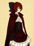  1girl alternate_costume bandages bow cape frills hair_bow hair_ornament long_sleeves red_eyes redhead sekibanki shirt short_hair simple_background skirt solo touhou urin yellow_background 
