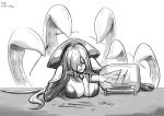  2014 breasts cleavage concentrating dated glue hair_over_one_eye kraken_(monster_girl_encyclopedia) long_hair lutherniel monochrome monster_girl monster_girl_encyclopedia scylla ship_in_a_bottle signature sketch sweat tentacles 