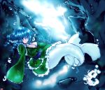  1girl blue_eyes blue_hair breasts cleavage drill_hair fish_tail japanese_clothes kimono mermaid monster_girl moura_(kenyuugetu) solo touhou underwear underwear_only wakasagihime wide_sleeves 