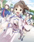  5girls :d beret brown_eyes brown_hair dutch_angle faceless faceless_female hat hisami_nanami japanese_clothes kimono long_hair marching_band multiple_girls official_art open_mouth outdoors ponytail smile solo_focus sword wake_up_girls! wake_up_girls!_stage_no_tenshi walking weapon 