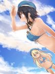  2girls arm_up atago_(kantai_collection) bare_shoulders bikini black_hair blonde_hair blue_eyes breasts clouds front-tie_bikini front-tie_top hand_on_hip hat kantai_collection lens_flare long_hair lowleg lowleg_bikini mound_of_venus multiple_girls navel open_mouth profile sideboob sky swimsuit takao_(kantai_collection) water yumesato_makura 