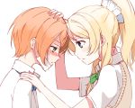  2girls asterism ayase_eli blonde_hair blue_eyes blush bow face_mask forehead-to-forehead hoshizora_rin long_hair love_live!_school_idol_project mask multiple_girls orange_hair ponytail school_uniform short_hair yellow_eyes 