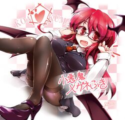  1girl adjusting_glasses bespectacled between_breasts black_legwear breasts demon_girl demon_wings fang fumitsuki_(minaduki_6) glasses head_wings high_heels koakuma large_breasts long_hair long_sleeves looking_at_viewer miniskirt necktie necktie_between_breasts open_mouth panties panties_over_pantyhose pantyhose pantyshot pantyshot_(sitting) red_eyes redhead shirt sitting skirt skirt_set smile solo thighband_pantyhose touhou underwear very_long_hair vest white_panties wings 