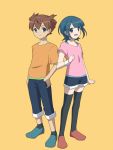  1boy 1girl black_legwear brown_hair casual green_hair inazuma_eleven_(series) inazuma_eleven_go looking_at_viewer matsukaze_tenma open_mouth pants pants_rolled_up shoes short_hair shorts simple_background socks sorano_aoi standing thigh-highs yellow_background yuma_(kuroba_tsuto) 