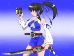  1girl alternate_color belt blue_ribbon bow brown_eyes brown_hair female gaia_memory hair_ribbon hakurei_reimu henshin henshin_pose kamen_rider kamen_rider_accel kamen_rider_w miniskirt parody ponytail ribbon skirt solo sword touhou tsukushi_(741789) weapon 