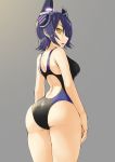  1girl ass breasts competition_swimsuit from_behind glowing grey_background hair_over_one_eye kantai_collection looking_back one-piece_swimsuit purple_hair seramikku short_hair simple_background solo swimsuit tenryuu_(kantai_collection) thighs yellow_eyes 