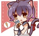  1girl ahoge anchor_symbol animal_ears bloom2425 blush_stickers brown_eyes cat_ears cat_tail checkerboard_cookie chocolate_chip_cookie cookie food gloves jpeg_artifacts kantai_collection kemonomimi_mode purple_hair revision ribbon sakawa_(kantai_collection) school_uniform serafuku short_hair solo sparkle_eyes tail tail_ribbon twitter_username white_gloves 