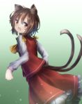  1girl animal_ears brown_eyes brown_hair cat_ears cat_tail chen ear_piercing earrings fang highres jewelry long_sleeves looking_at_viewer looking_back minamina multiple_tails nekomata no_hat open_mouth piercing shirt skirt skirt_set smile solo tail touhou vest 