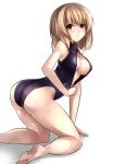  1girl ass barefoot blonde_hair breasts brown_eyes cleavage cleavage_cutout front_zipper_swimsuit highleg highleg_swimsuit janne_cherry kneeling large_breasts looking_at_viewer looking_back maribel_hearn one-piece_swimsuit solo swimsuit touhou unzipping zipper 