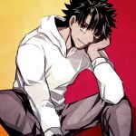  1boy avenger black_hair casual fate/hollow_ataraxia fate_(series) heterochromia hoodie no_tattoo red_eyes solo spiky_hair whitetea9 yellow_eyes 