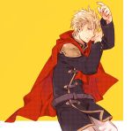  1boy blonde_hair blue_eyes cape final_fantasy final_fantasy_type-0 jack_(fft-0) light_smile looking_at_viewer school_uniform simple_background smile solo tagme yellow_background 