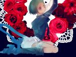  1girl animal_ears black_sclera cat_ears dark_skin flower green_eyes green_hair heart heterochromia kemonomimi_mode long_sleeves mutsuki_tooru nemui_neko red_eyes red_rose rose short_hair sitting solo thigh_strap tokyo_ghoul tokyo_ghoul:re 