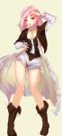  1girl absurdres amira_(shingeki_no_bahamut) bangs boots breasts cleavage contrapposto doomfest full_body highres long_legs pink_hair red_eyes shingeki_no_bahamut shingeki_no_bahamut:_genesis short_hair shorts solo standing swept_bangs yellow_background 