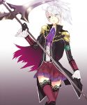  1girl alternate_costume blue_eyes cape final_fantasy final_fantasy_type-0 gradient gradient_background hair_over_one_eye long_hair looking_at_viewer open_mouth ponytail school_uniform scythe sice_(fft-0) silver_hair skirt solo thigh-highs weapon 