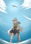  1girl belt bird blue_sky cane jandare marine_benefit minazuki_tsubame ocean short_hair skirt sky standing standing_on_water sun swallow touhou vest white_hair yellow_eyes 