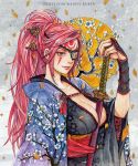  1girl baiken between_breasts breasts cleavage eyepatch guilty_gear hair_ornament hitsuki_(hiidukii) japanese_clothes katana kimono large_breasts long_hair obi pink_hair ponytail sash solo sword tattoo weapon 