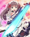  1girl \m/ bow brown_hair frills glowing glowing_weapon green_eyes hair_bow heart long_hair maid maid_headdress official_art okamoto_miyu open_mouth solo sparkle sword twintails wake_up_girls! wake_up_girls!_stage_no_tenshi weapon 