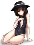  1girl barefoot brown_eyes brown_hair cleavage_cutout front_zipper_swimsuit hair_ribbon hat hat_ribbon highleg highleg_swimsuit janne_cherry looking_at_viewer one-piece_swimsuit ribbon sitting solo swimsuit touhou unzipped usami_renko zipper 