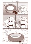  (o)_(o) apron comic commentary_request cooking cow egg frying_pan highres holding horns imagining kantai_collection milk_carton mittens monochrome moomin moomintroll northern_ocean_hime northern_ocean_hime_(cosplay) pancake sazanami_konami shinkaisei-kan sparkle stove translation_request 