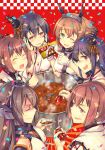  6+girls black_hair brown_eyes brown_hair cooking curry detached_sleeves food fusou_(kantai_collection) gloves hair_ornament hairband headgear highres hyuuga_(kantai_collection) ise_(kantai_collection) japanese_clothes kantai_collection ladle long_hair multiple_girls mutsu_(kantai_collection) nagato_(kantai_collection) pepper ponytail red_eyes short_hair yamashiro_(kantai_collection) 