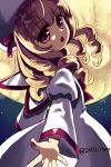  1girl blonde_hair bow douji drill_hair full_moon hat hat_bow looking_back luna_child moon open_mouth outstretched_hand red_eyes solo touhou 