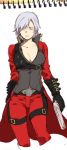 1girl :3 belt black_gloves blue_eyes breasts cleavage collarbone dante_(devil_may_cry) devil_may_cry devil_may_cry_2 ebony_&amp;_ivory fuka_(kirrier.k) genderswap gloves pants popped_collar silver_hair solo 