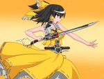  1girl alternate_color belt bow brown_eyes brown_hair female gaia_memory hair_bow hakurei_reimu henshin henshin_pose kamen_rider kamen_rider_accel kamen_rider_w parody ponytail solo sword touhou tsukushi_(741789) weapon yellow_bow 