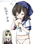  2girls black_hair blonde_hair blush_stickers bread bread_in_mouth eating food fubuki_(kantai_collection) green_eyes hair_ribbon kantai_collection long_hair midriff multiple_girls navel neckerchief panties ribbon school_uniform serafuku short_ponytail skirt_on_head sleepy translated twitter_username underwear white_panties yuki_no_iori yuudachi_(kantai_collection) 