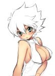  1girl blush breasts cleavage cleavage_cutout genderswap green_eyes johan_andersen large_breasts partially_colored short_hair sketch sleeveless solo sweatdrop tobi_(one) white_background yuu-gi-ou yuu-gi-ou_gx 