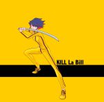  1girl black_hair blue_eyes bruce_lee&#039;s_jumpsuit fighting_stance highres jumpsuit katana kill_bill kill_la_kill matoi_ryuuko multicolored_hair parody redhead shoes short_hair sneakers solo sword two-tone_hair weapon wk_(flora-woke) 