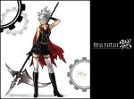  1girl alternate_costume armpits bare_shoulders blue_eyes cape character_name final_fantasy final_fantasy_type-0 hair_over_one_eye long_hair looking_away open_mouth ponytail school_uniform scythe sice_(fft-0) silver_hair skirt solo thigh-highs weapon zettai_ryouiki 