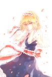  1girl alice_margatroid blonde_hair blue_dress blue_eyes capelet dress frills hairband hands_on_own_head looking_at_viewer petals pokan_(xz1128) ribbon sash short_hair simple_background solo touhou white_background 
