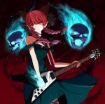  1girl animal_ears bare_shoulders braid cat_ears choker dress electric_guitar extra_ears fuoco guitar highres instrument kaenbyou_rin long_hair pointy_ears red_eyes redhead skull solo touhou twin_braids 