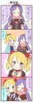  4koma alternate_hairstyle arm_warmers ayase_eli blonde_hair blue_eyes closed_eyes comic earmuffs flower frilled_collar hair_flower hair_ornament hairband love_live!_school_idol_project ponytail purple_hair scarf scrunchie toujou_nozomi translation_request twintails ususa70 