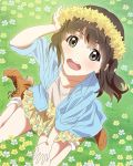  1girl :d blush boots brown_eyes brown_hair field flower flower_field from_above katayama_minami long_hair looking_at_viewer official_art open_mouth sitting skirt smile solo wake_up_girls! wake_up_girls!_stage_no_tenshi wariza wind wreath 