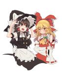  2girls ascot blonde_hair bow braid brown_eyes brown_hair cosplay costume_switch detached_sleeves embarrassed fuente hair_bow hair_tubes hakurei_reimu hakurei_reimu_(cosplay) hat highres kirisame_marisa kirisame_marisa_(cosplay) long_hair multiple_girls open_mouth ribbon smile touhou witch_hat yellow_eyes 