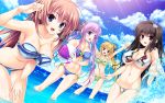  :d aoi_yui ariko_youichi bikini breasts clouds dutch_angle game_cg inuzumi_masaki izumo_sakurako kiryuu_sarasa large_breasts leaning_forward long_hair mibu_natsume open_mouth scramble_lovers smile splashing swimsuit wading 