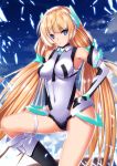  1girl angela_balzac bare_shoulders blonde_hair blue_eyes blush bodysuit breasts clouds covered_navel elbow_gloves expelled_from_paradise female gloves headgear highres large_breasts leotard long_hair looking_at_viewer low_twintails rakuen_tsuihou sky solo takanashi-a thigh_strap twintails very_long_hair 