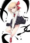  1girl arai_togami ascot blonde_hair covering covering_crotch grin hair_ribbon highres long_sleeves looking_at_viewer red_eyes ribbon rumia shirt skirt skirt_set skirt_tug smile solo touhou v_arms vest 