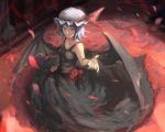  1girl bare_arms black_dress blue_hair breasts dress flower hat long_dress looking_at_viewer outstretched_hand petals red_eyes remilia_scarlet rose short_hair sishenfan smile solo touhou wings 