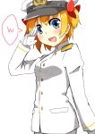 1girl :d alternate_costume blue_eyes blush bow breasts gloves hair_bow hat hayaneko_(ceceragi) highres looking_at_viewer military military_hat military_uniform naval_uniform open_mouth orange_hair salute smile solo sunny_milk touhou twintails uniform white_gloves 