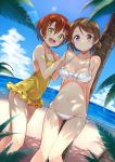 2girls :3 :d beach bikini blush bow breasts brown_hair casual_one-piece_swimsuit cleavage clouds collarbone covered_navel dappled_sunlight day dutch_angle frilled_one-piece_swimsuit frilled_swimsuit frills front-tie_top hair_ornament hairclip hands_on_another&#039;s_shoulder horizon hoshizora_rin koizumi_hanayo lens_flare light_smile love_live! love_live!_school_idol_project medium_breasts midriff multiple_girls navel ocean one-piece_swimsuit open_mouth orange_hair outdoors palm_tree shitou_(1992116210) short_hair sky small_breasts smile standing sunlight swept_bangs swimsuit thigh_gap tree underboob violet_eyes white_bikini yellow_eyes yellow_one-piece_swimsuit