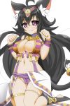  1girl animal_ears bastet_(p&amp;d) black_hair breasts cat_ears cat_tail fang_out head_wreath highres long_hair looking_at_viewer midriff navel panties paw_pose puzzle_&amp;_dragons satsujinki_(artist) simple_background smile tail toeless_socks underwear violet_eyes 