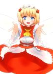  1girl blonde_hair blue_eyes bow fairy_wings hair_bow headdress milfy_oira open_mouth outstretched_arms solo sunny_milk touhou twintails white_background wide_sleeves wings 