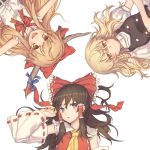  3girls album_cover ascot black_dress blonde_hair bow braid brown_hair cover detached_sleeves dress grey_eyes hair_bow hair_tubes hakurei_reimu horn_ribbon horns ibuki_suika kikugetsu kirisame_marisa long_sleeves looking_at_viewer multiple_girls no_hat oni_horns open_mouth puffy_short_sleeves puffy_sleeves ribbon shirt short_sleeves single_braid sleeveless sleeveless_shirt smile touhou wide_sleeves yellow_eyes 