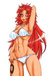  1girl abs arm_up armpits bikini blush breasts large_breasts long_hair lowleg navel one_eye_closed parted_lips queen&#039;s_blade redhead risty solo strap_gap swimsuit tattoo twrlare violet_eyes 