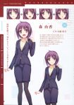  1girl absurdres brown_eyes highres looking_at_viewer office_lady open_mouth purple_hair reminiscence reminiscence_re:collect short_hair simple_background smile solo tomose_shunsaku 