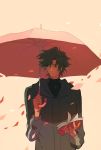  1boy black_hair book ch3507 fate/zero fate_(series) highres hoodie matou_kariya petals solo umbrella 