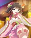  1girl :d brown_eyes brown_hair flower hair_flower hair_ornament japanese_clothes katayama_minami kimono looking_at_viewer low_twintails official_art open_mouth smile solo twintails wake_up_girls! wake_up_girls!_stage_no_tenshi yukata 